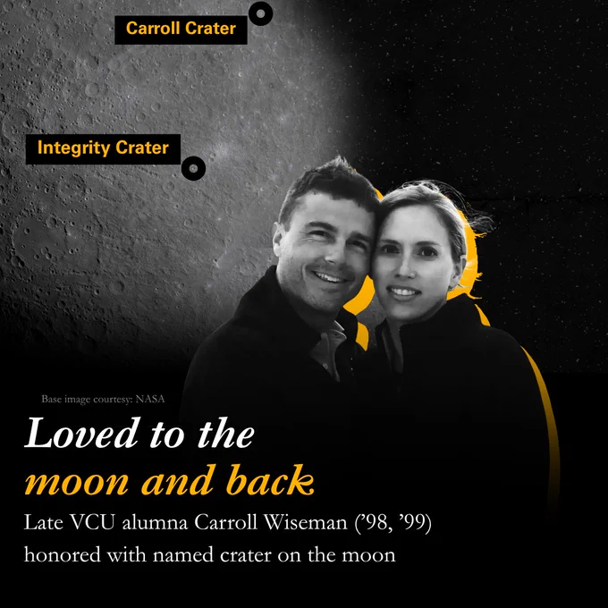 The image shows two people smiling in front of a background of the moon's surface. Labels point to "Carroll Crater" and "Integrity Crater." Text reads: "Loved to the moon and back. Late VCU alumna Carroll Wiseman ('98, '99) honored with named crater on the moon." The base image is credited to NASA.
