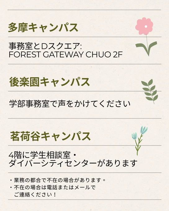 中央大学ダイバーシティセンターの窓口案内です。 内容は次のとおりです。多摩キャンパスはFOREST GATEWAY CHUO 2階に事務室とDスクエアがあります。 後楽園キャンパスは学部事務室で声をかけてください。茗荷谷キャンパスは4階に学生相談室・ダイバーシティセンターがあります。いずれのキャンパスも業務の都合で不在の場合があります。不在時は電話またはメールで連絡してください。