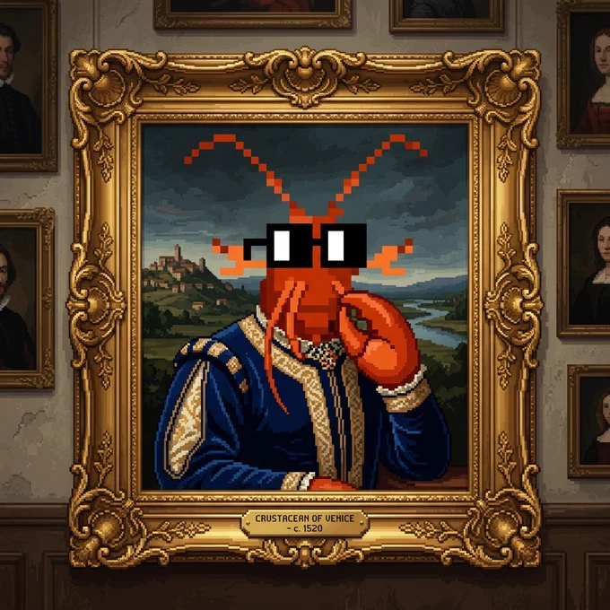 The NFT in a frame in a classic painting frame on the wall, and inside there is a portrait Lobster NFT. 