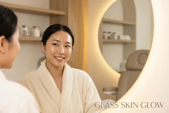 Young Asian woman with radiant glass skin looking in mirror after clinic treatment
