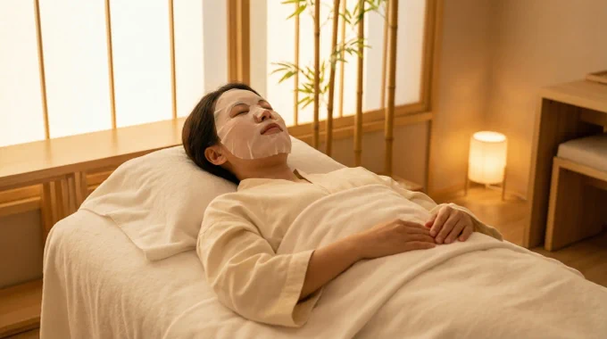 International traveler peacefully relaxing in private treatment room at high-end Korean clinic