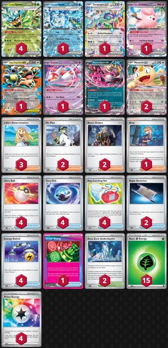 Pokémon: 12
4 Teal Mask Ogerpon ex TWM 25
1 Wellspring Mask Ogerpon ex TWM 64
1 Terapagos ex SCR 128
1 Lillie's Clefairy ex JTG 56
1 Mega Kangaskhan ex MEG 104
1 Latias ex SSP 76
1 Fezandipiti ex ASC 142
2 Meowth ex POR 62

Trainer: 29
3 Lillie's Determination MEG 119
2 N's Plan BLK 83
2 Boss's Orders MEG 114
1 Briar SCR 132

4 Ultra Ball MEG 131
4 Tera Orb SSP 189
4 Bug Catching Set TWM 143
2 Night Stretcher ASC 196
4 Energy Switch MEG 115
1 Unfair Stamp TWM 165

2 Area Zero Underdepths SCR 131

Energy: 19
15 Grass Energy MEE 1
4 Prism Energy ASC 216