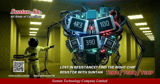 Backrooms-inspired promo image for Suntan chip resistors, featuring TSHC, TSHQ and TSHP series with large 4R3, 100 and 390 SMD resistor markings, circuit-board creature visual, astronaut figure, and headline about finding the right chip resistor.