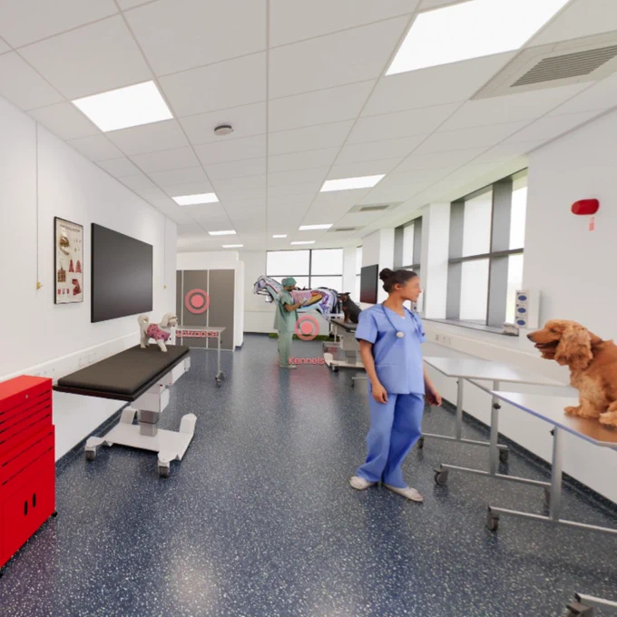 Veterinary clinic room with two staff members attending to dogs on examination tables under bright ceiling lights.