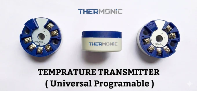 High-resolution product photo showcasing three head-mount Universal Programmable Temperature Transmitters on a white background. It includes two top-down views detailing the terminal screw connections for inputs/outputs and one side profile view. A versatile device for converting RTD and thermocouple signals into a standard 4-20mA signal for industrial automation.