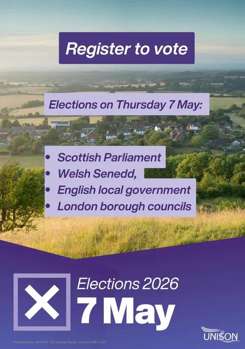 Register to vote. Elections Thursday 7 May. 
Scottish Parliament
Welsh Senedd, 
English local government
London borough councils