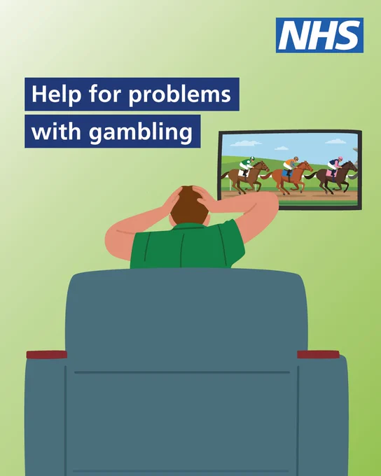 Man sitting on a couch watching horse racing on TV, appearing stressed, with NHS support message for gambling problems. Text reads 'Help for problems with gambling'.