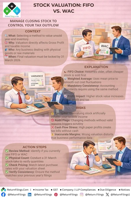 Image provided by ReturnFilings.Com it contains How you value your unsold stock can make or break your tax bill! 📦💰 Before March 31, 2026, choose your inventory method wisely. Whether you use FIFO (First-In, First-Out) or Weighted Average Cost (WAC), your closing stock value directly impacts your Gross Profit and taxable income.

In the 2026 audit landscape, consistency is key. Changing your valuation method without a valid reason is a major red flag for tax scrutiny! 🚩 High paper profits from overvalued stock mean higher tax bills—even if the cash isn't in your bank yet. 🛡️📉

✅ Your Inventory Action Plan:
1️⃣ Physical Count: Conduct a full stock-take on March 31.
2️⃣ Check Pricing: Match latest purchase rates with your valuation sheet.
3️⃣ Stay Consistent: Ensure your method aligns with last year’s filings to avoid audit flags!

#ReturnFiling #Returnfilings #InventoryManagement #FIFO #WeightedAverage #TaxPlanning2026 #MSMEIndia #BusinessFinance #AccountingTips #AuditReady