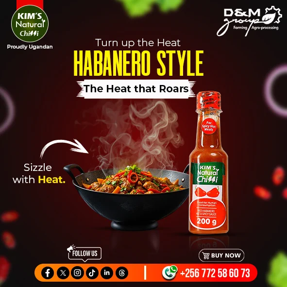KIM's Natural Chilli Sauce is made from Red Habanero peppers and made specifically for those who want extreme heat for their meals.
It's a product of D & M Group International Limited the producers of KIM's Natural Tomato Ketchup & KIM's Natural Chilli Oil. Proudly Ugandan. 