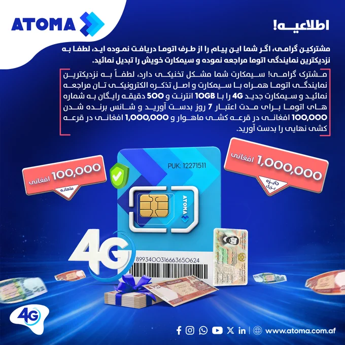 [مشترک گرامی! سیمکارت شما مشکل تخنیکی دارد، لطفاً به نزدیکترین نمایندگی اتوما همراه با سیمکارت و اصل تذکره الکترونیکی تان مراجعه نمائید و سیمکارت جدید 4G را با 10GB انترنت و 500 دقیقه رایگان به شماره های اتوما برای مدت اعتبار 7 روز بدست آورید و شانس برنده شدن 100,000 افغانی در قرعه کشی ماهوار و 1,000,000 افغانی در قرعه کشی نهایی را بدست آورید.]