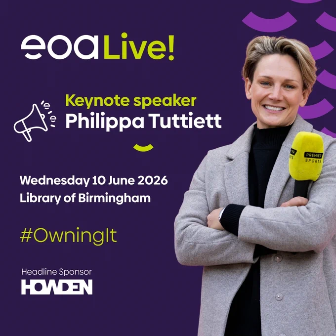 A smiling white woman with short blonde hair in a grey coat and holding a microphone. Beside her is text reading 'eoaLive!, Keynote Speaker: Philip Tuttiett, Wednesday 10 June 2026, Library of Birmingham, #OwningIt, Headline Sponsor Howden'
