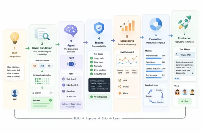 A flowchart outlines steps in AI project development, covering idea generation, RAG foundation, testing, monitoring, evaluation, and production.
