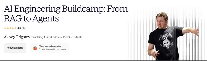 A man gesturing while presenting the AI Engineering Buildcamp course details, including ratings and enrollment information.