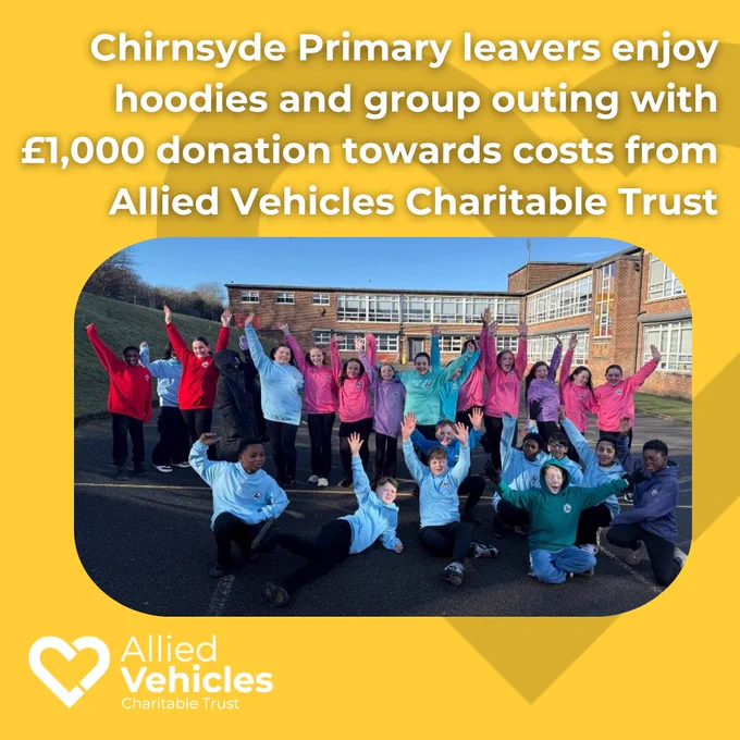 Yellow square image featuring a photo of Chirnsyde Primary leavers posing outdoors in colorful hoodies, celebrating their group outing funded by Allied Vehicles Charitable Trust. Test above the image reads "chirnsyde Primay leavers enjoy hoodies and group outing with £1000 donation towards costs from Allied Vehicles Charitable Trust."
