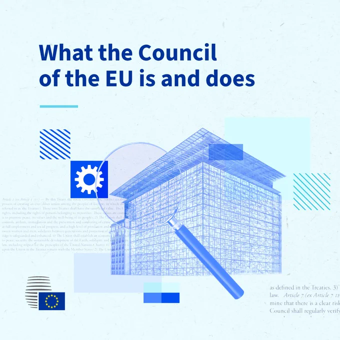 Graphic with the bold title “What the Council of the EU is and does” above a stylised blue line drawing of the Council Europa building, partly viewed through a magnifying glass, with abstract geometric shapes and the Council logo in the bottom left corner. 