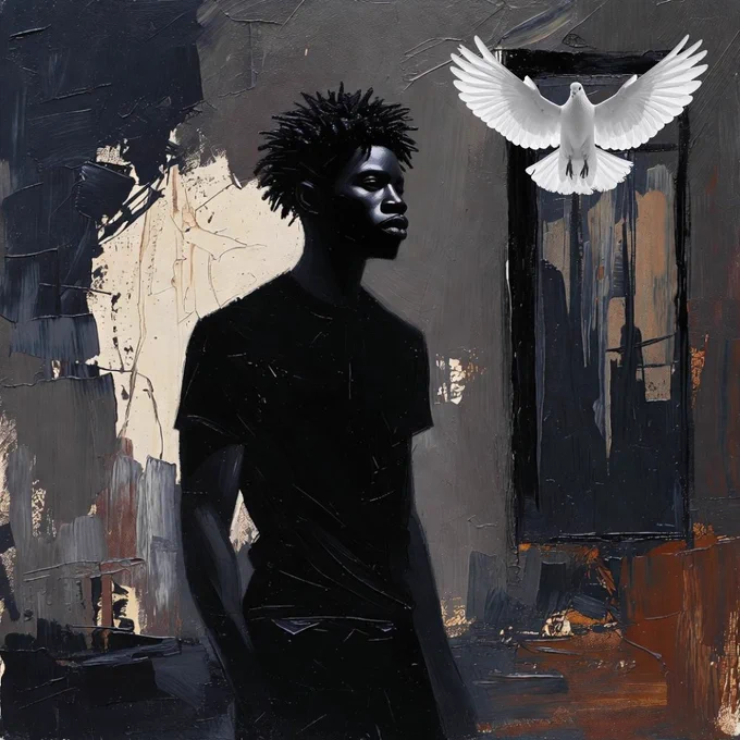 Dramatic oil-painting style digital artwork of a young Black man with textured afro hair, wearing a black t-shirt, standing in profile and looking toward a bright white dove with fully spread wings emerging from a dark doorway. Moody abstract background in black, gray, and warm ochre tones with heavy textured brushstrokes. Powerful contemporary Black art symbolizing hope, peace, and spiritual ascension.