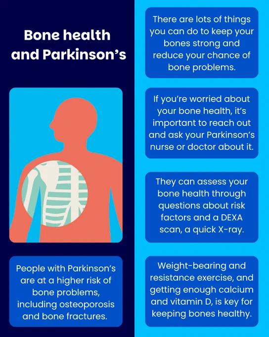 Infographic titled 'Bone health and Parkinson’s'. Left side features a silhouette with highlighted bones. Right side contains tips: Maintain strong bones, consult a Parkinson’s specialist, assess health via risk questions and DEXA scan, exercise, and ensure calcium and vitamin D intake. Bottom states that Parkinson’s increases bone problem risks.