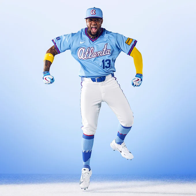 Ronald Acuña Jr. jumping. He’s wearing the new Braves City Connect uniform.