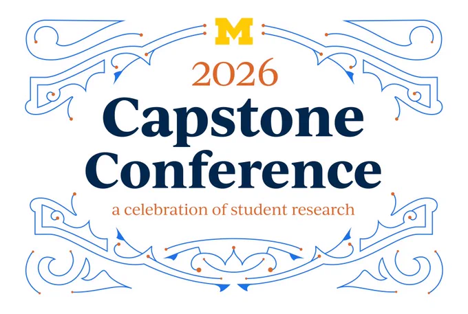 Logo for the 2026 Capstone Conference featuring ornate blue and orange decorative elements. Includes the block "M" at the top. Text reads: "2026 Capstone Conference, a celebration of student research.