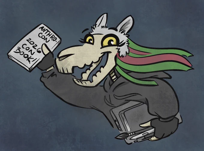 A cryptid creature with a skull head and green/red hair holding up an Anthrocon 2026 con book.