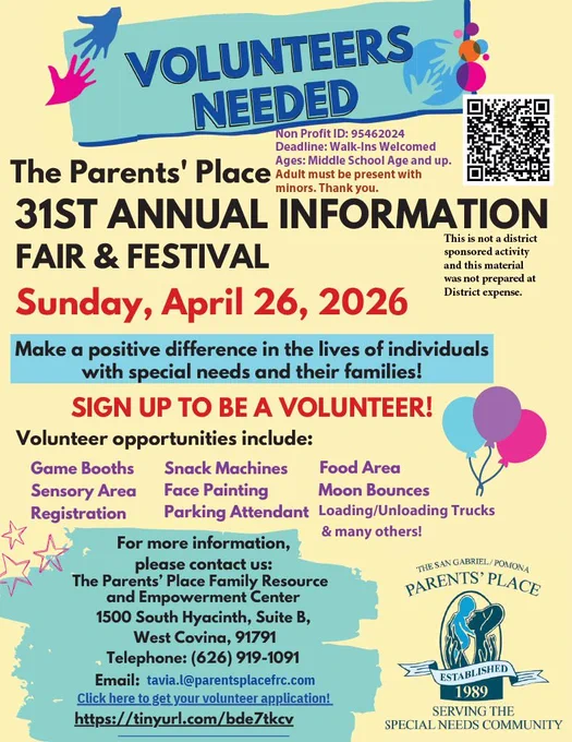 Volunteers needed! 🙌

Support the 31st Annual Information Fair & Festival by helping with:
🚚 Loading/unloading
📝 Registration
🔄 Floaters

📅 April 26
💙 Make a difference for individuals with special needs & families

Sign up: https://tinyurl.com/bde7tkcv
Walk-ins welcome! #Volunteer