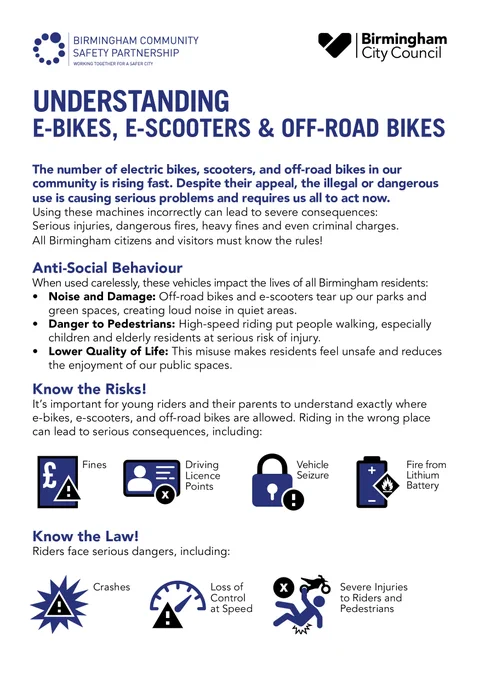 The picture shows an informative leaflet titled "Understanding e-bikes, e-scooters and off-road bikes" 