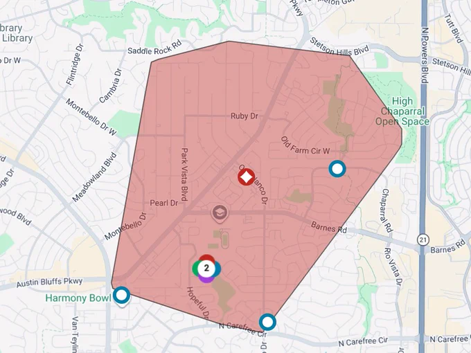 A map of the area between Stetson Hills Boulevard and Austin Bluffs Parkway.