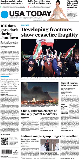 An image of the front page of the USA TODAY newspaper on Thursday, April 9,  2026.