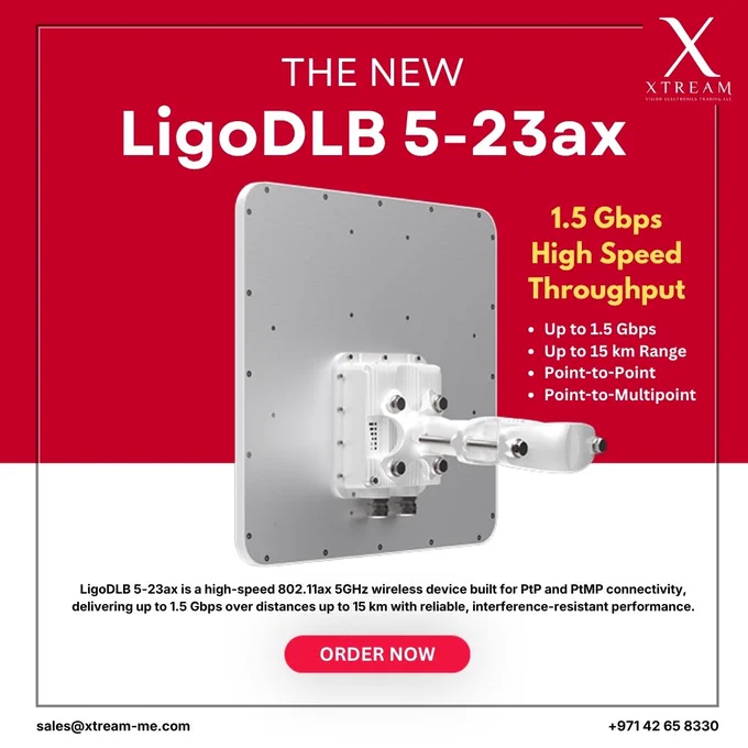 Built with advanced 802.11ax technology, this powerful solution delivers up to 1.5 Gbps throughput and extended range up to 15 km—perfect for demanding PtP and PtMP deployments.

✔ Ultra-fast connectivity
✔ Extended long-distance performance
✔ Stable & interference-resistant
✔ Ideal for ISPs and enterprise networks

📩 Ready to upgrade your wireless infrastructure? Contact us today!
📧 sales@xtream-me.com

📞  971 42 65 8330

#LigoWave #WirelessNetworking #WiFi6 #ISP #PtP #PtMP #Telecom #NetworkingSolutions #Xtream
