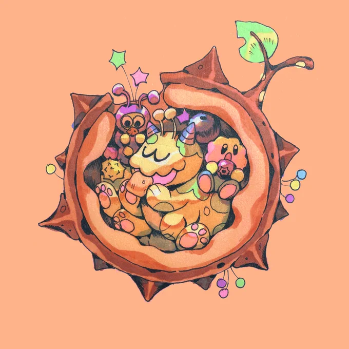 a group of creatures in a hollowed out chestnut enjoy their foraged food