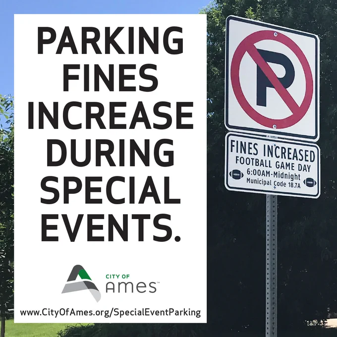 No Parking Sign "Parking Fines increase during special events"