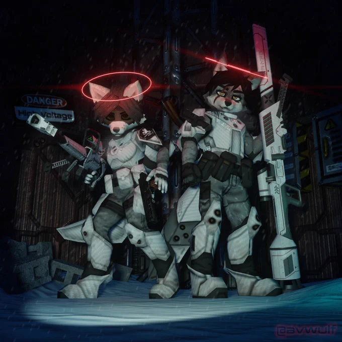 3D Video game render featuring two anthropomorphic wolf sci-fi characters. The female soldier on the left is carrying a sniper rifle and a railgun pistol, And the Male soldier is carrying a large plasma cannon type weapon. They both have red "AEGIS" halos shining around their heads, contrasted by a dark industrial background.