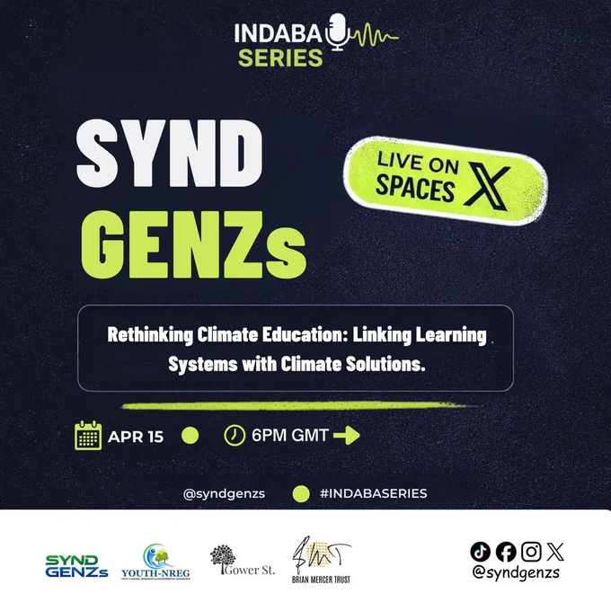 Another Indaba Series is here! 🥳

Join us on 15th April, 6PM GMT on X Space for:
Rethinking Climate Education: Linking Learning Systems with Climate Solutions.

Let’s connect learning with real climate action 🌍✨

Set reminder 👇🏾
[https://x.com/i/spaces/1nxeLyPAkYAJX](https://x.com/i/spaces/1nxeLyPAkYAJX)

#IndabaSeries #SyndGenZs