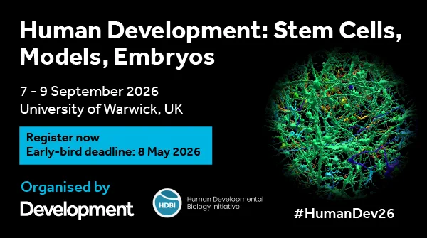 Event card with event details: Human Development: Stem Cells, Models, Embryos
Date: 7 – 9 September 2026
Location: University of Warwick, UK