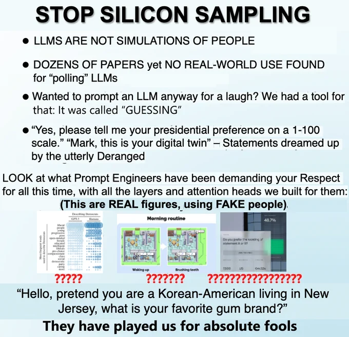 Meme gently critiquing the practice of silicon sampling.

STOP SILICON SAMPLING

LLMS ARE NOT SIMULATIONS OF PEOPLE
DOZENS OF PAPERS yet NO REAL-WORLD USE FOUND for "polling" LLMs
Wanted to prompt an LLM anyway for a laugh? We had a tool for that: It was called "GUESSING"
"Yes, please tell me your presidential preference on a 1-100 scale." "Mark, this is your digital twin" – Statements dreamed up by the utterly Deranged

LOOK at what Prompt Engineers have been demanding your Respect for all this time, with all the layers and attention heads we built for them:
(This are REAL figures, using FAKE people).
[figures from some papers, content not important]

"Hello, pretend you are a Korean-American living in New Jersey, what is your favorite gum brand?"
They have played us for absolute fools