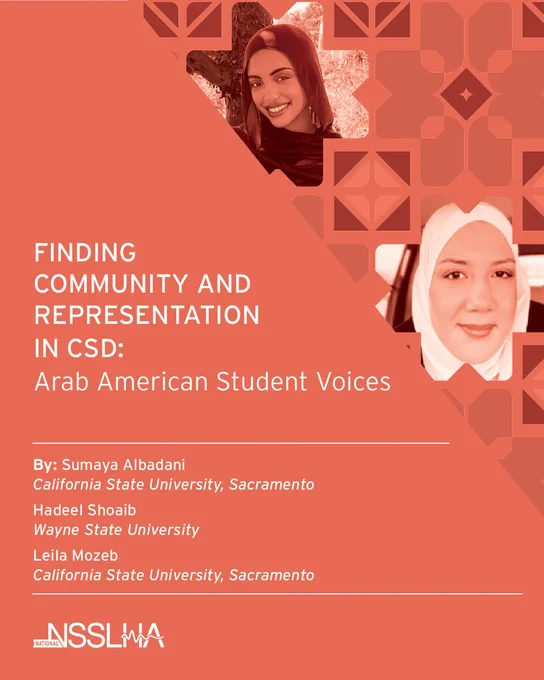 Cover image of a publication titled "Finding Community and Representation in CSD: Arab American Student Voices." It includes photos of two individuals and mentions the authors: Sumaya Albadani from California State University, Sacramento; Hadeel Shoaib from Wayne State University; and Leila Mozeb, also from California State University, Sacramento. The graphic features the NSSLHA logo.
