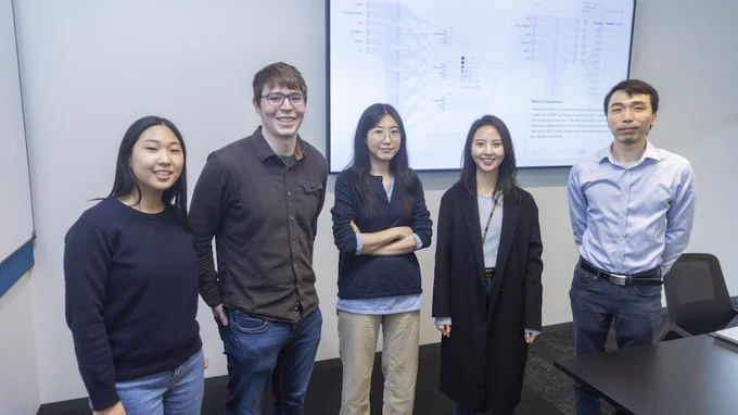 Georgia Tech's Grace Kim, Alec Helbling, Aeree Cho, Seongmin Lee, and Polo Chau take a group photo. 

Transformer Explainer authors not photographed include Alex Karpekov, Ben Hoover, and Zijie (Jay) Wang. (Photo by Terence Rushin/College of Computing))