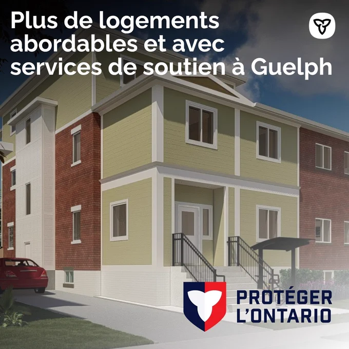 Une représentation artistique du projet Welcome 2 Waterloo. Texte : Plus de logements abordables et avec services de soutien à Guelph 
