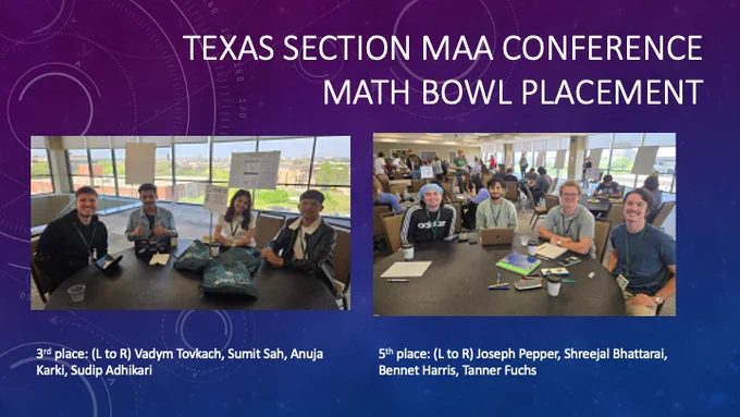 Texas Section MAA Math Bowl!
3rd place: Vadym Tovkach, Sumit Sah, Anuja Karki, Sudip Adhikari
5th place: Joseph Pepper, Shreejal Bhattarai, Bennet Harris, Tanner Fuchs