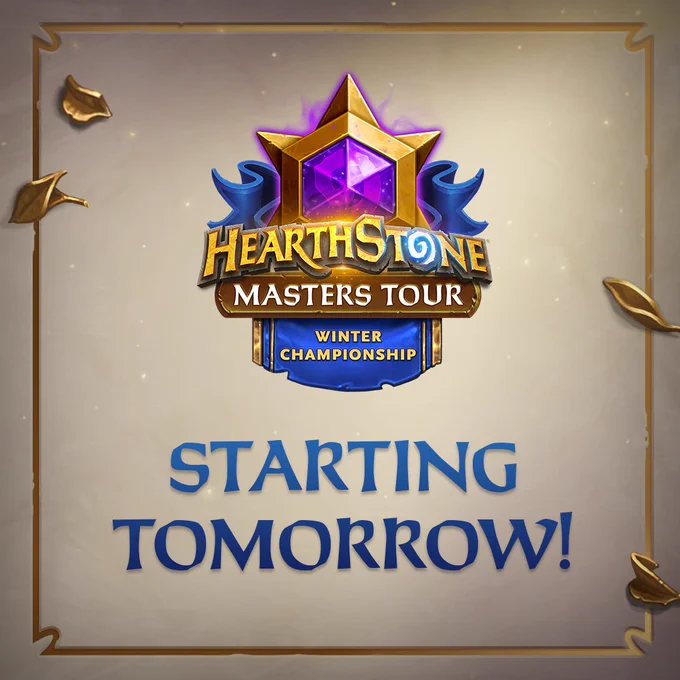 Hearthstone Masters Tour Winter Championship starting tomorrow. The logo is gold with a purple gem and blue ribbons. The words \"Hearthstone Masters Tour Winter Championship\" are also displayed on the logo.