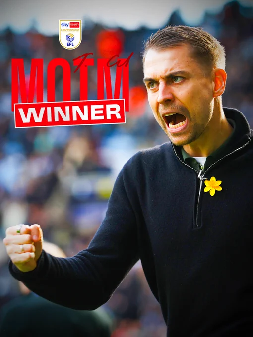 An image of Tonda Eckert celebrating a goal as Head Coach for Southampton, wearing a navy quarter-zip with a clenched fist. The text on the image reads: MOTM Winner. Above the text is the Sky Bet Championship logo and his signature over the word 'MOTM'.