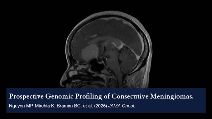 Graphic showing an MRI scan of a meningioma. Text banner with the publication citation reads, Prospective Genomic Profiling of Consecutive Meningiomas. Nguyen MP, Mirchia K, Braman BC, et al. (2026) JAMA Oncol.