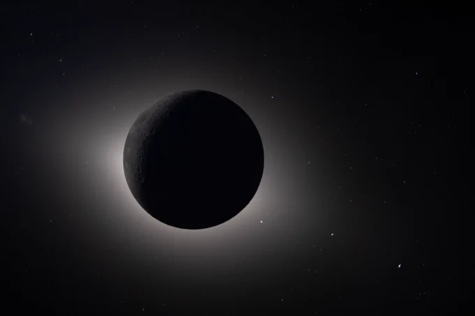 The far side of the Moon appears as a dark disc surrounded by a faint halo of light amid the blackness of space. To the right of the Moon is an uneven line of three star-like points of light.