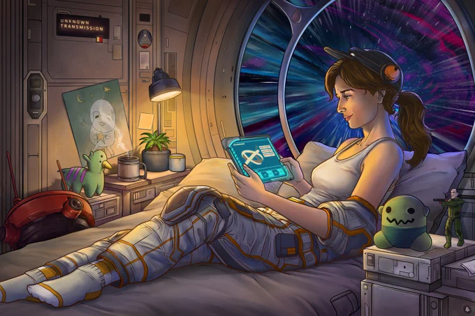 An illustration showing a woman on a Starfield ship, relaxing on a bed in front of a window as the ship flys through space. She's looking at a tablet and surrounded by plushies, action figures, posters, and plants.