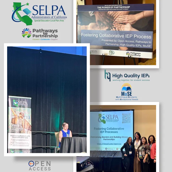 A collage shows SELPA and Pathways to Partnership logos, presenters at a conference, a slide titled “Fostering Collaborative IEP Process,” and a group photo of five people standing together, smiling.
