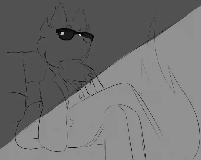 an out of character sketch of my fursona. he's looking down at you from an upwards angle, wearing a suit and sunglasses.