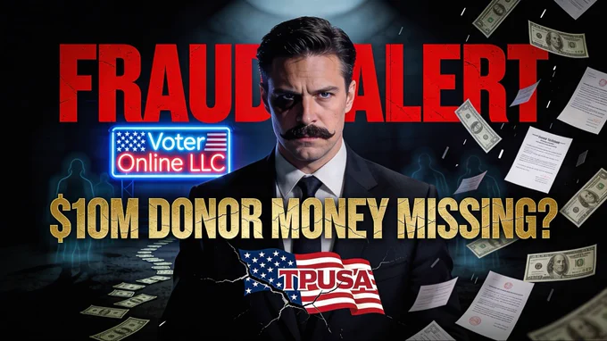 Red Fraud Alert on TPUSA COO Tyler Bowyer: Voter Online LLC scam exposed, cracked logo, flying indictments, $10M missing cash trails. Disclaimer: all allegations made by original poster. No political affiliations and purely jokes. Not serious photo.