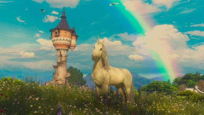 A screenshot of The Witcher 3: Wild Hunt featuring a unicorn posing in a flower-filled meadow. In the background, a rainbow stretches across the sky. Behind the unicorn is a lone crumbling tower.