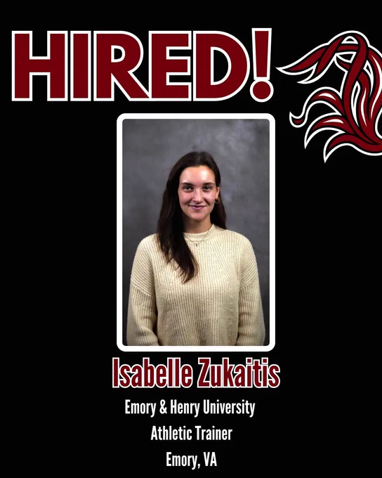 Announcement graphic stating Isabelle Zukaitis was hired as an Athletic Trainer at Emory and Henry University in Emory, VA