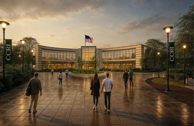 A rendering that depicts an evening view of a modern CCRI campus building with an American flag and students walking on wet pavement under street lamps.